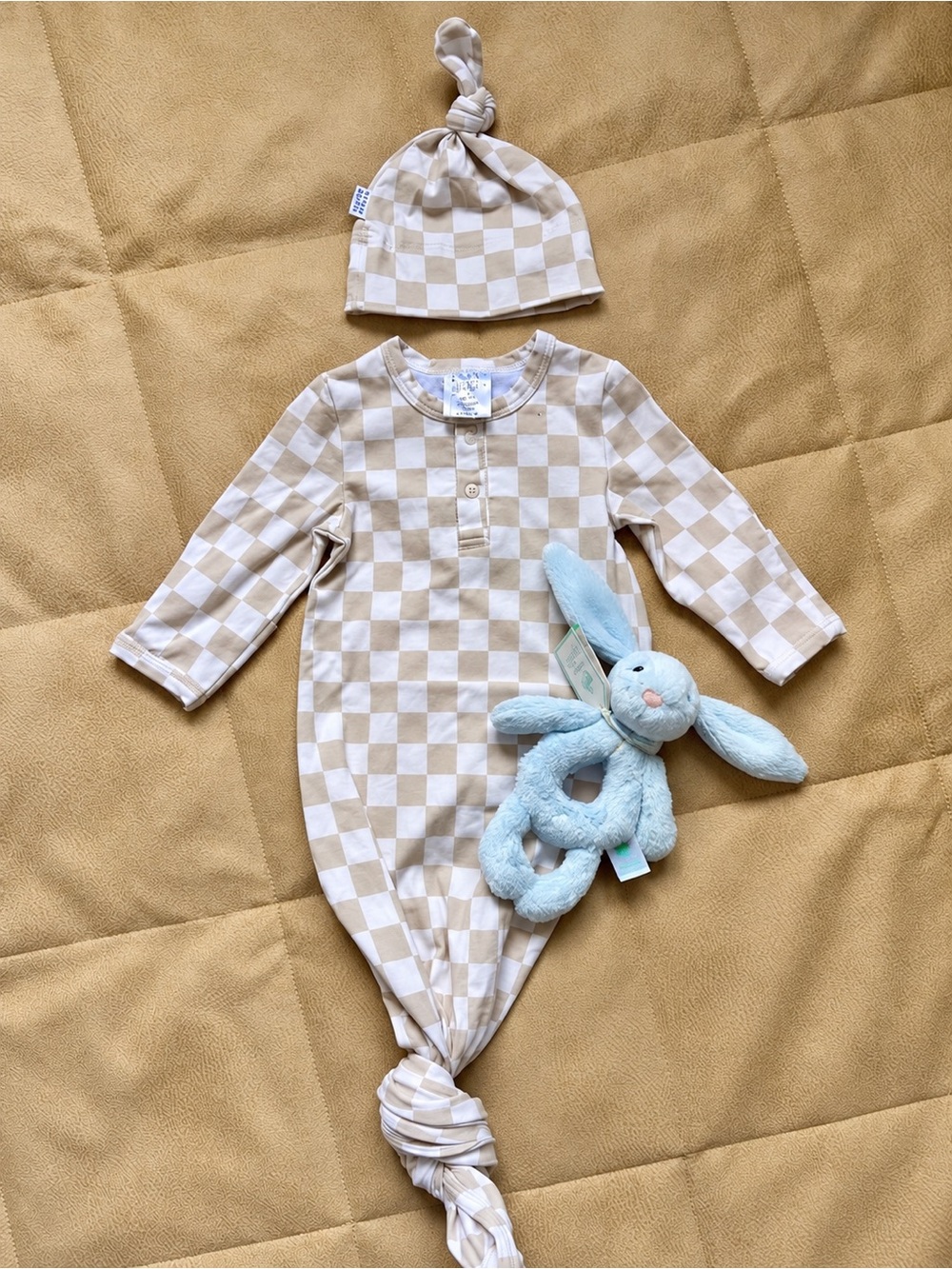 Mabie - Neutral Check Knotted Baby One-Piece with Hat